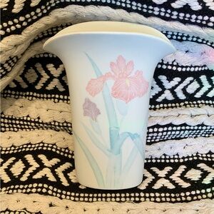 Vintage Flower Vase Japan Tamari Style Pink Iris Blue Grass Fluted Top Floral